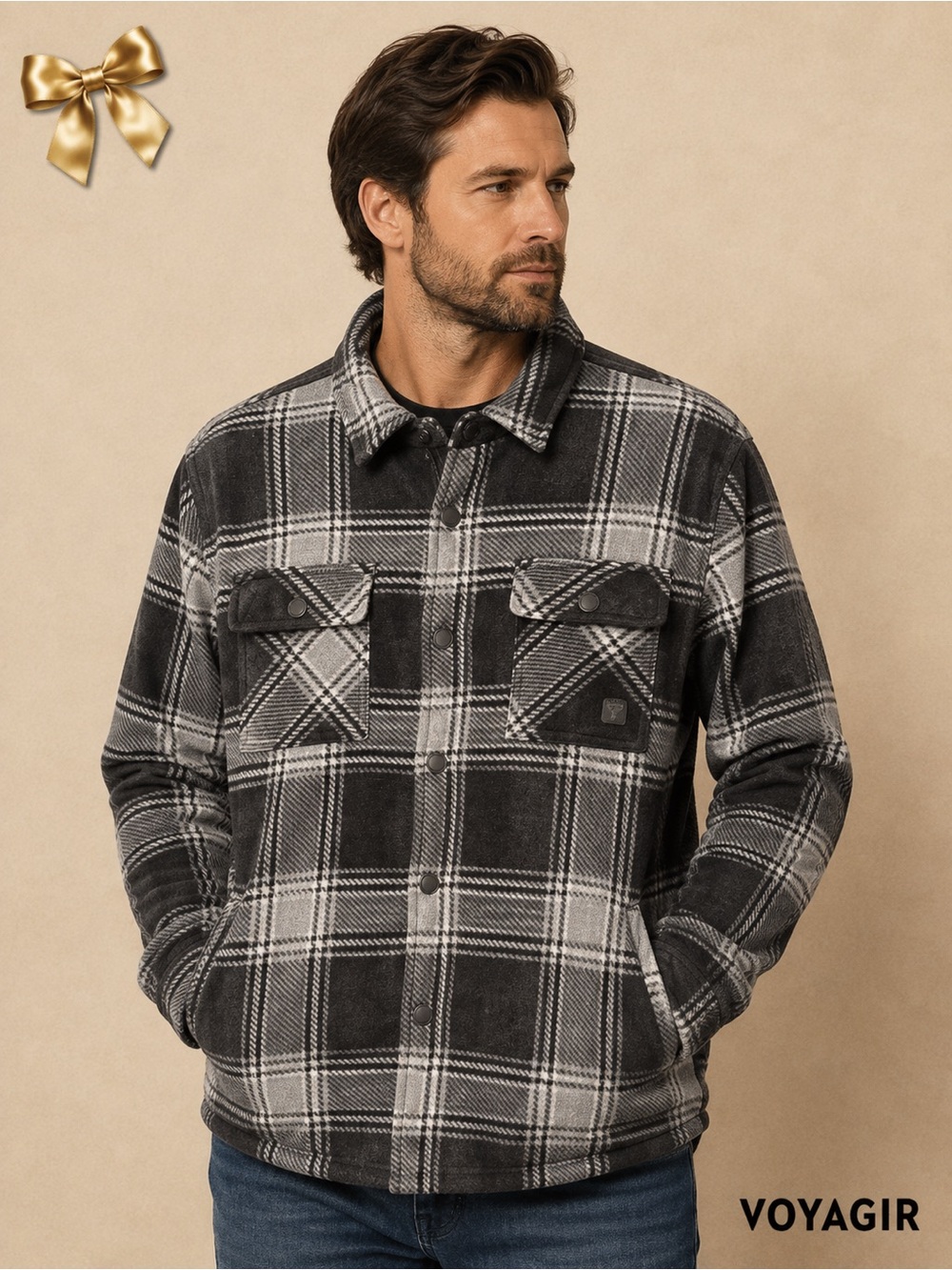 Voyager Men’s Medium Gray Plaid Fleece Lined Shirt Jacket Shacket